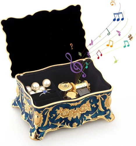 Vista 16 de ROSIKING Caja de música de aleación de metal en relieve en forma de corazón azul, caja musical antigua para joyería con cuerda, regalos