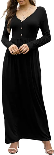 Vista 5 de GRECERELLE Vestido de manga larga con cuello en V para mujer, estilo casual, con botones, maxi, 2025, con bolsillos 01 Negro