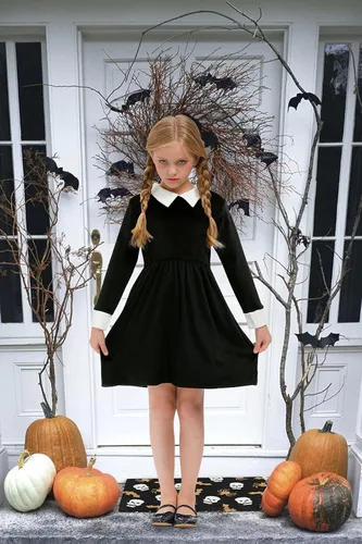 Vista 6 de BesserBay Vestido negro con cuello Peter Pan de terciopelo para niñas de Halloween 4-12 años