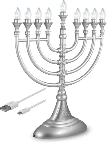 Vista 6 de Menorá eléctrica tradicional de Hanukkah con LED alimentada por batería o USB Chanukiah - incluye cable Micro USB de 4 pies, velas electrónicas