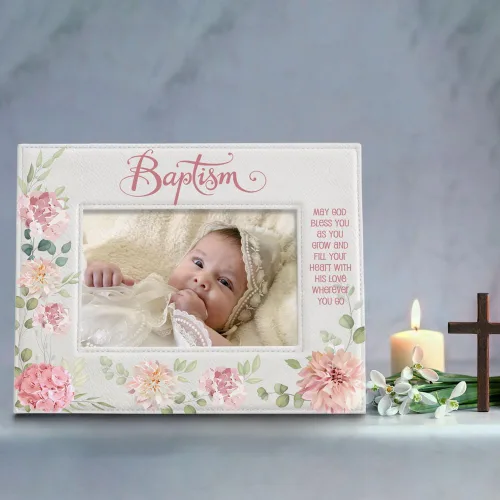 Vista 2 de KATE POSH Marco de fotos de bautismo para niña, decoración de flores rosas, bautizo, regalo religisoso, de padrinos, bebé nuevo (4 x 6 horizontal)