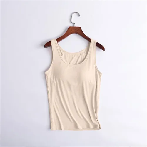 Vista 2 de Camiseta sin mangas con brasier integrado para mujer, sin mangas, correa ancha, ropa de dormir básica, para entrenamiento, yoga, camisola acolchada