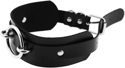 Vista 3 de Tosmifairy Gargantilla de piel sintética ancha negra para hombre, ajustable, gruesa, de poliuretano, para mujer, anillo redondo grande de aleación