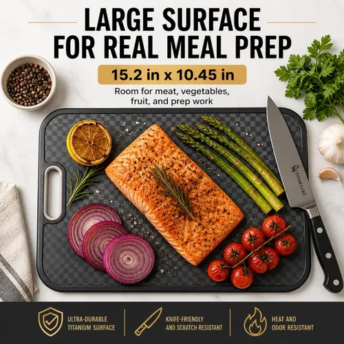Vista 5 de Tabla de cortar de titanio para cocina, tabla de cortar de doble cara de grado alimenticio, titanio puro y paja de trigo PP, resistente a