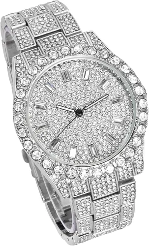 Vista 2 de Techno Pave Reloj de bisel solitario helado de 1.732 in para hombre, esfera baguette