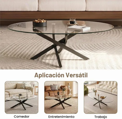 Vista 6 de Henf Oval Glass Coffee Table, 39.4'' Transparent Top, Black Metal Legs