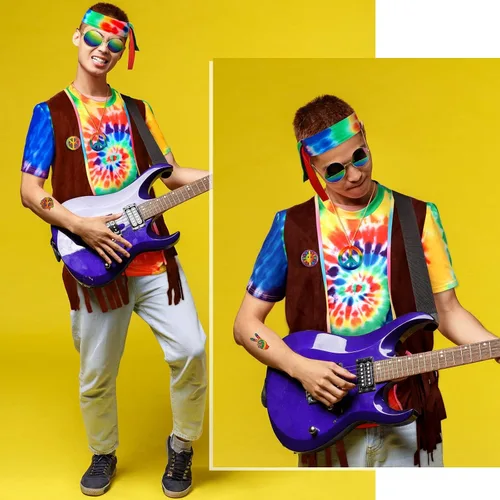 Vista 4 de Hotop Conjunto de disfraz hippie de los años 60 y 70 para mujeres y hombres chaleco hippie teñido anudado camiseta con signo de la paz collar