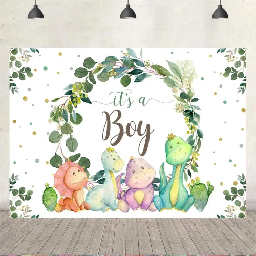 Vista 4 de Decoraciones de dinosaurio para baby shower para niño, telón de fondo de dibujos animados, cactus y hojas de eucalipto, fondo de fotografía