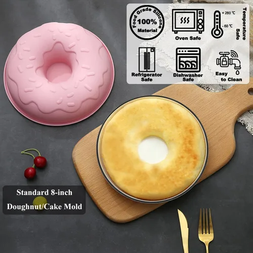Vista 2 de Molde de silicona de gran tamaño para donas antiadherentes para hornear pasteles para bagel y donuts (8 pulgadas, rosa)
