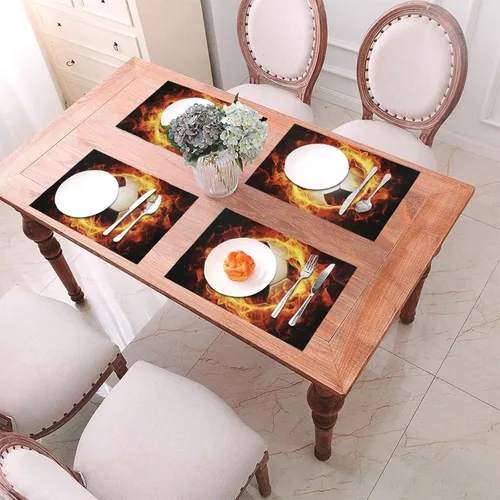 Vista 4 de 6 PCS PVC Placemats Set Place Mats Burning Football Non-Slip Weave Place Mats 12" x 18" Farmhouse Table Mat Set for Family Dinners Wedding Parties