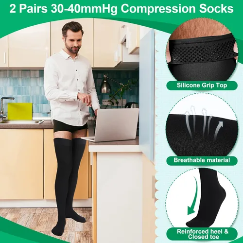 Vista 3 de Supervitae 2 pares de calcetines de compresión de 30-40 mmHg para hombres y mujeres, calcetines de compresión extra firmes con punta cerrada
