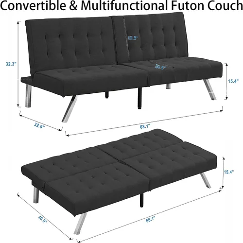 Vista 2 de Sofá cama futón, sofá futón plegable convertible, sofá pequeño transpirable para estudio compacto en sala de estar y dormitorio, oficinas, sofá