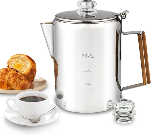 Vista 10 de Cafetera Percoladora Multiuso de Acero Inoxidable para Estufa con Dos Perillas de Vidrio Borosilicato Resistente Mango de Sílice Cafetera