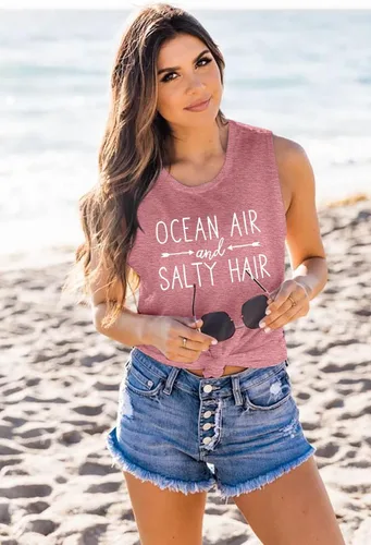 Vista 3 de Camiseta sin mangas de playa para mujer, diseño de mar y aire salado, divertido crucero de verano, sin mangas, para vacaciones familiares