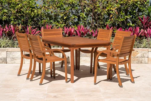 Vista 19 de Brampton Patio Brampton Coventry - Juego de comedor rectangular de 5 piezas, acabado de teca oscura y sillas apilables, ideal para patio y exteriores