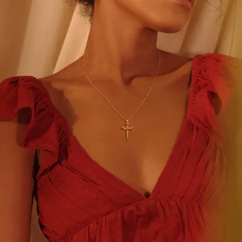 Vista 164 de Fettero - Collar con dije de cruz de fe, chapado en oro de 14 K, cadena fina, minimalista, simple, pequeña, para oración, regalo de joyería religiosa
