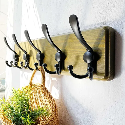 Vista 45 de Dseap Perchero de Pared Montado - 5 Ganchos Triangulares, Resistente, Perchero de Pared de Madera para Abriggos, Sombreros, Chaquetas, Ropa, Negro