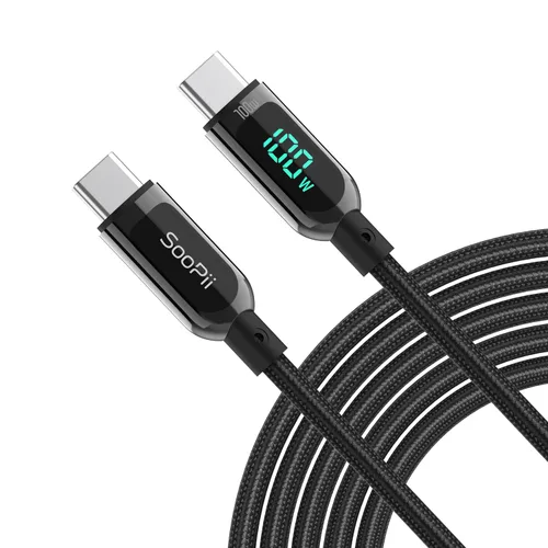 Vista 16 de SOOPII cable USB C de 100 W 0,30 mt, cable USB C a USB C de carga rápida, cable trenzado de nailon con pantalla LED para lPhone 16/15 Pro/15 Plus/15