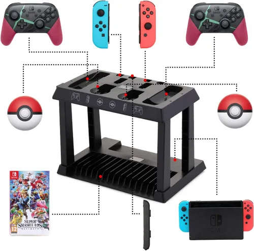 Vista 4 de Cargador para Nintendo Switch, cargador para controladores de interruptor, controladores Poke Ball Plus, soporte de almacenamiento