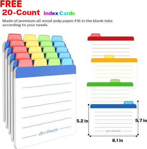 Vista 5 de Neando Organizador de tarjetas de índice de 5 x 8 con tapa, caja de almacenamiento de madera de acacia extragrande con 4 compartimentos, 20 pestañas