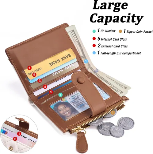 Vista 6 de GAEKEAO Billetera pequeña para mujer, de piel plegable, con bloqueo RFID, tarjetero para tarjetas de crédito, bolsillo con cremallera, monedero