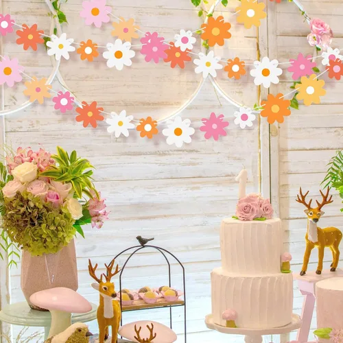 Vista 4 de Henoyso Paquete de 5 decoraciones de margaritas bohemias para fiesta, guirnalda de margaritas con recortes de flores hippie para verano, boda