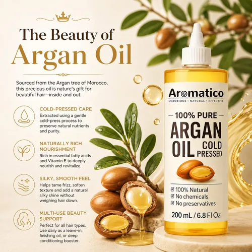 Vista 5 de Aromatico 100% Pure Argan Oil 7 fl oz – Lightweight, Non-Greasy Hair & Skin Oil for Smooth, Shiny Hair & Deep Moisture – Cold Pressed Multipurpose