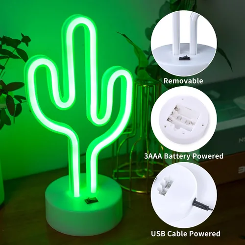 Vista 3 de Luces de neón de cactus verdes con base de soporte, letreros de neón de cactus para dormitorio, mesa, bar, cumpleaños, decoración de Navidad, verano