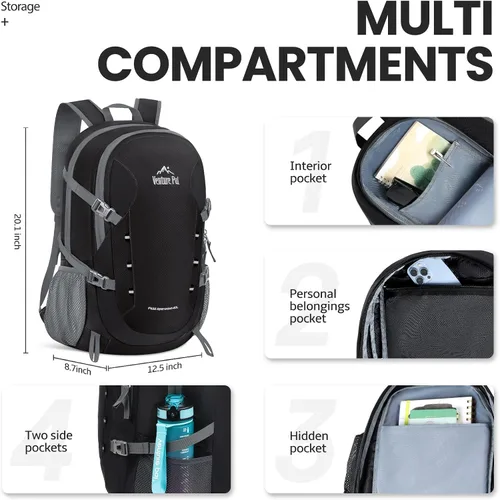 Vista 3 de Venture Pal - Mochila de senderismo ligera y plegable para viajes de 40L, para día a día - Negro