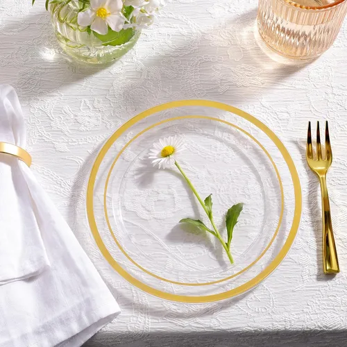 Vista 4 de BESTVIP 50 platos de plástico dorado transparente de 7 pulgadas, platos desechables para ensalada y postre con borde dorado para Navidad, Acción