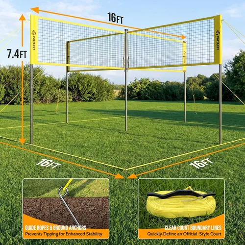 Vista 7 de 4 Square Volleyball Game Set, 4 Way Net System with 16FT & 32FT Court, Adjustable Height Backyard Badminton Combo, Portable Outdoor Kit with Ball
