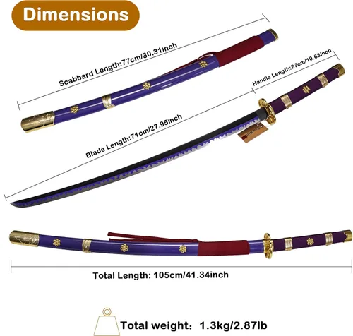 Vista 3 de Espada Púrpura Enma Zoro, espada Katana de acero rico en carbono 1095 de 41" de longitud, espadas Samurai de espiga completa, colección de armas