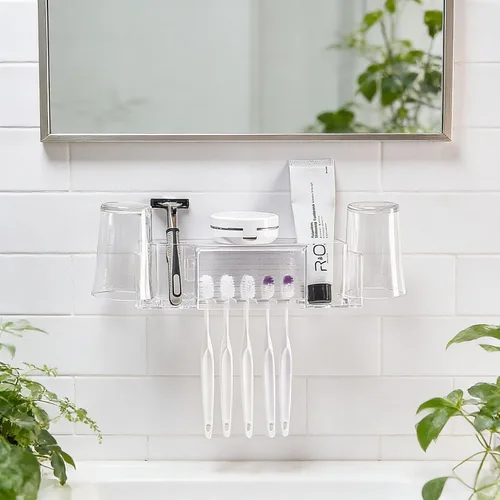 Vista 4 de Soporte de pared para cepillos de dientes con 5 ranuras con tapa, organizador de almacenamiento autoadhesivo para cepillos de dientes para ducha