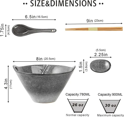 Vista 2 de UNICASA Juego de 2 cuencos japoneses para ramen con palillos, cucharas y reposos, 26 onzas, para fideos de porcelana profunda, Udon, Pho, ensalada