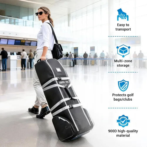 Vista 4 de Bolsa de viaje de golf con ruedas, tela Oxford resistente 900D, funda de viaje de golf para aerolíneas, adecuada para bolsas de golf estándar