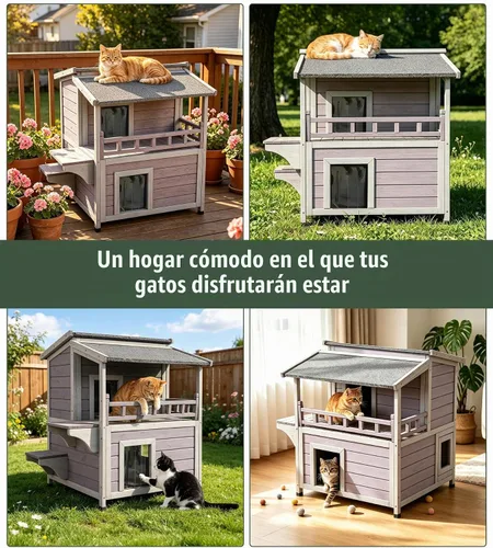 Vista 8 de GUTINNEEN Casa de Gatos al Aire Libre Resistente al Agua, Refugio para Gatos Ferales con Balcón, Refugio de Madera para Gatos Impermeable