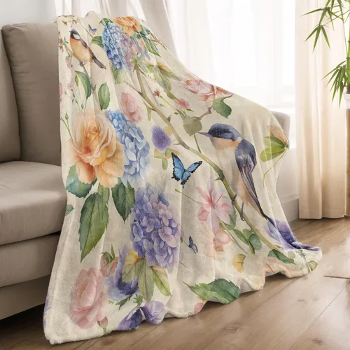 Vista 2 de Manta ligera de pájaros y mariposas, regalos para amantes de la naturaleza, manta de franela con rosa colorida y hortensias impresas para sofá