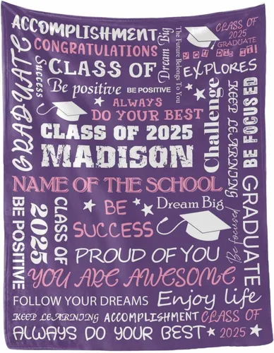 Vista 34 de MyPupSocks Manta personalizada de graduación 2025, clase de con nombre de la universidad, regalos personalizados, manta con texto para sobrina