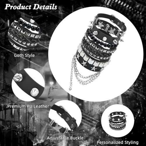Vista 4 de ZLFSRQ Pulseras Emo Punk Rock Studded Pulsera para Mujeres Hombres Gótica Cuero Spiked Pulseras Emo Accesorios de Joyería