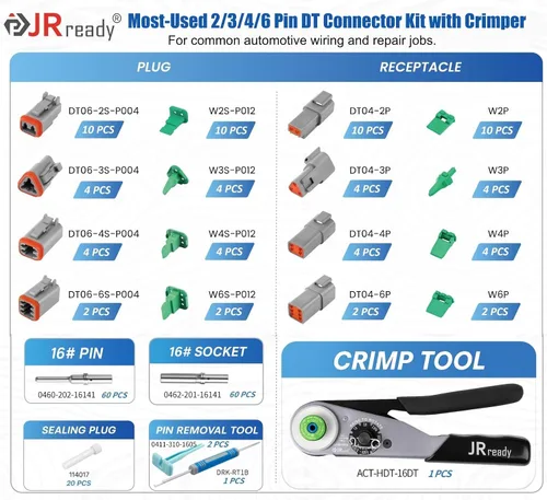 Vista 2 de Kit de conectores Deutsch JRready DW5011 - Conectores DT de 2, 3, 4, 6 pines, tamaño 16# contactos sólidos 16-20 AWG, herramienta de crimpado