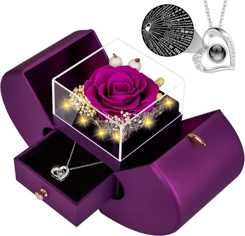 Vista 15 de Lebana Rosa real azul preservada con collar "I Love You", flores eternas, regalos de cumpleaños para mujeres, su madre, esposa, novia, abuela