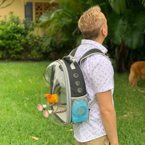 Vista 5 de Jaula de transporte de pájaros, cápsula de espacio transparente, mochila de astronauta para llevar periquitos, cacatúas, loro con bandeja de metal