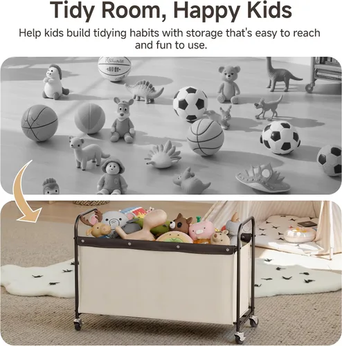 Vista 5 de StorageWorks Caja de juguetes con ruedas para niños, baúl grande de almacenamiento y organizador de juguetes de 135 litros, caja de juguetes de Beige