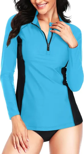 Vista 3 de Daci Traje de baño de manga larga para mujer, con cremallera frontal, protección solar, cuello redondo, sin parte inferior