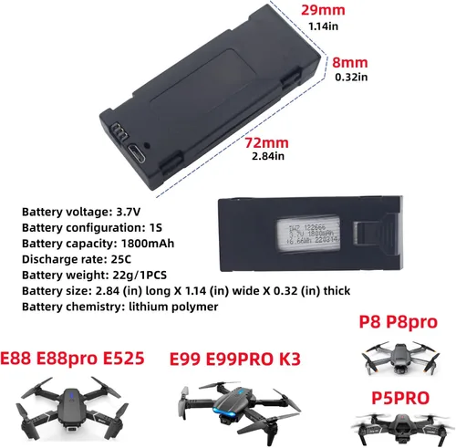 Vista 2 de sea jump 3 unids 3.7 V 1800 mAh batería de litio para E88 E88PRO E88MAX E525 E99 E99PRO P1 P5PRO K3 S1 P8 RC UAV batería de litio de repuesto