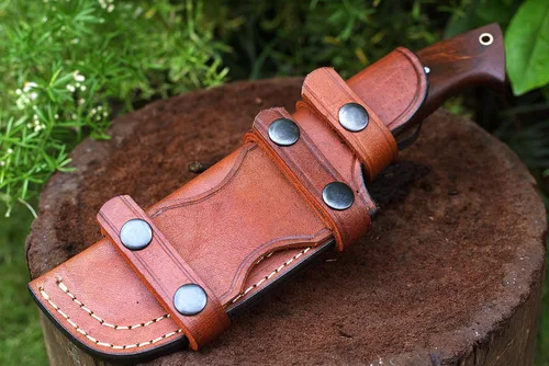 Vista 6 de Cuchillo de caza de Damasco hecho a mano con funda de cuero de transporte horizontal, hoja fija de espiga completa para camping, senderismo