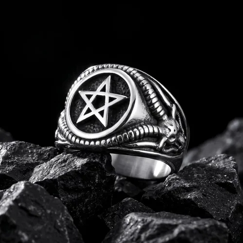 Vista 2 de Anillo de pentagrama Baphomet Cabra Satanás Demonio Diablo Hombres Anillos de Acero Inoxidable Joyería Vintage