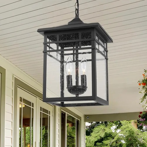 Vista 5 de Farol colgante para exteriores para porche delantero, 10 pulgadas, grande, negro, lámpara colgante con pantalla de vidrio sembrado para patio