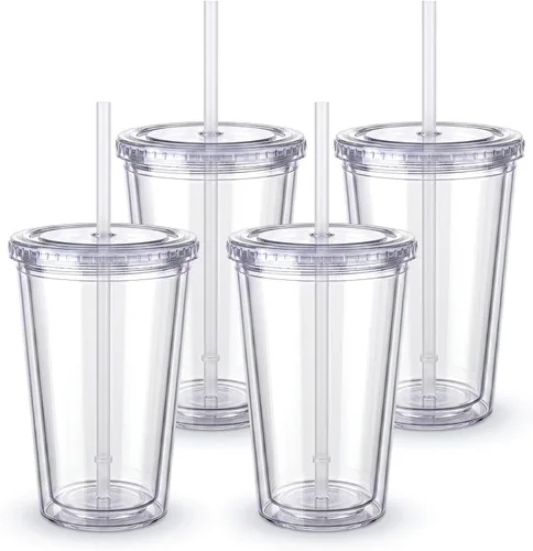 Vista 11 de Zukro Vaso acrílico transparente con pajita y tapa de 32 oz, vaso de plástico reutilizable aislado de doble pared para café helado, vaso para llevar