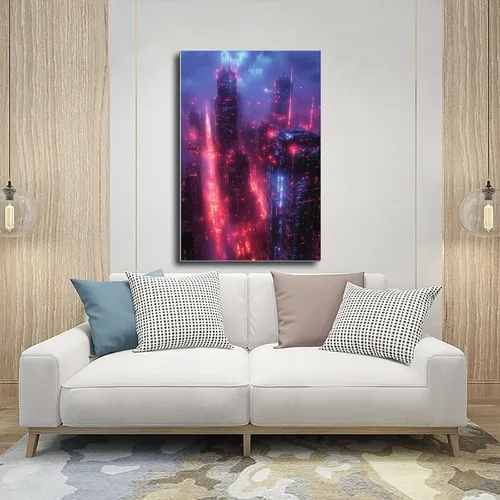 Vista 5 de Neon Cyberpunk Abstract Canvas – Futuristic Retro Tech Decor Poster Print for Teen Boys Room Wall Art Canvas Painting Print 24x36inch(60x90cm)